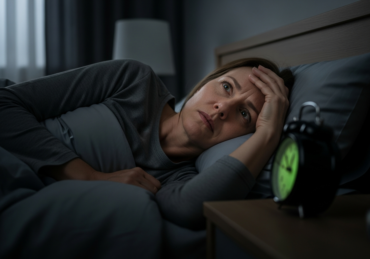 A woman lying awake in bed at 3 a.m.