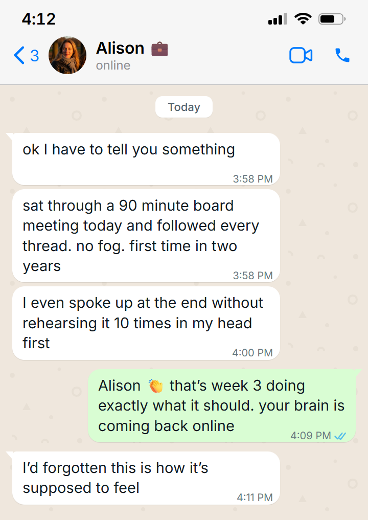WhatsApp message from Alison, a managing partner: first clear-headed board meeting in two years