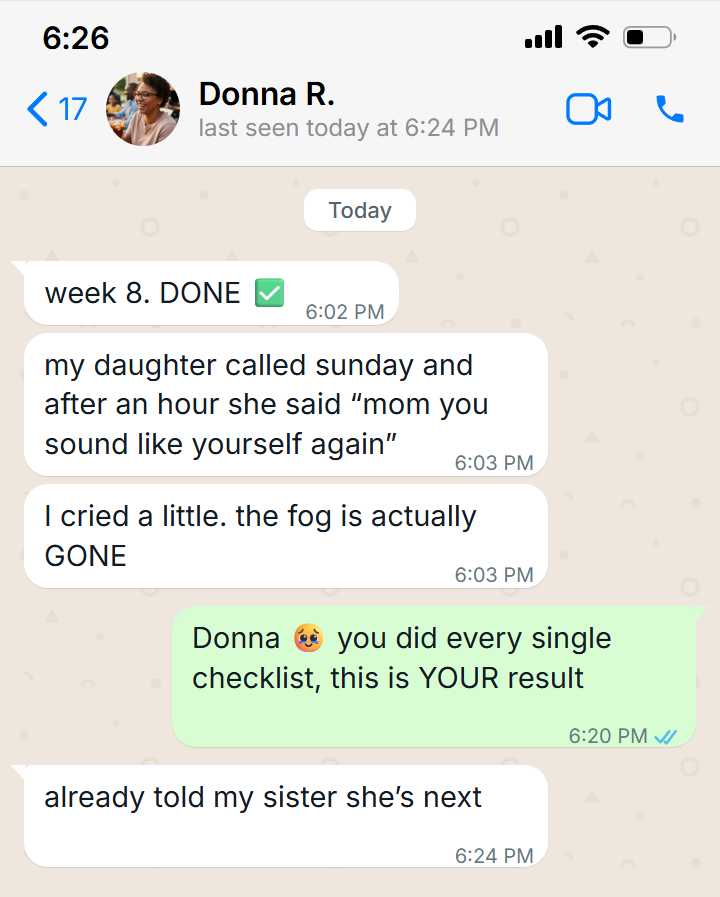 WhatsApp message from Donna, week 8: the fog is gone