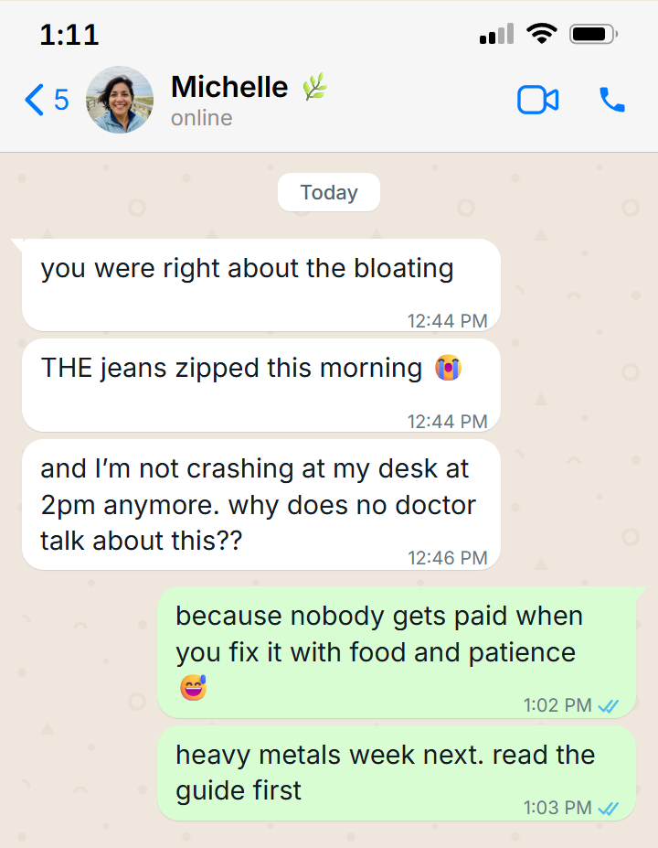 WhatsApp message from Michelle, week 5: bloating gone, no afternoon crash